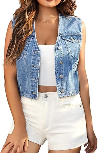 LifeShe Womens Cropped Denim Vest Top Casual V Neck Button Down Sleeveless Jean Jacket Waistcoat