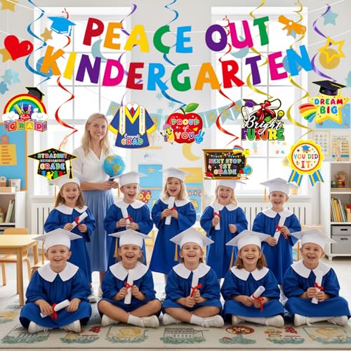 Image of Kindergarten Graduation Decorations, 10PCS Peace out Kindergarten Graduation Banners Hanging Swirls Party Decor, Colorful Congrats Grad Party Supplies