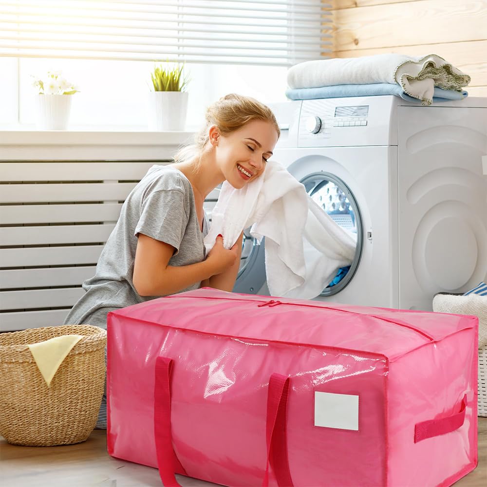87L Aufbewahrungstasche, Heavy-Duty Umzugstaschen mit Reißverschluss und Griff, Wasserdicht Umzugskartons groß, Faltbar Umzugstaschen für Bettwäsche, Bettdecken & Kleidung (6 Pack-Pink)