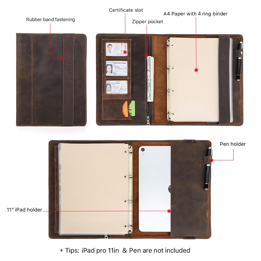 Raccoglitore in pelle con raccoglitore a 4 anelli, per iPad Pro da 11 pollici, tasca con cerniera, scomparti per carte di credito, portapenne, caffè