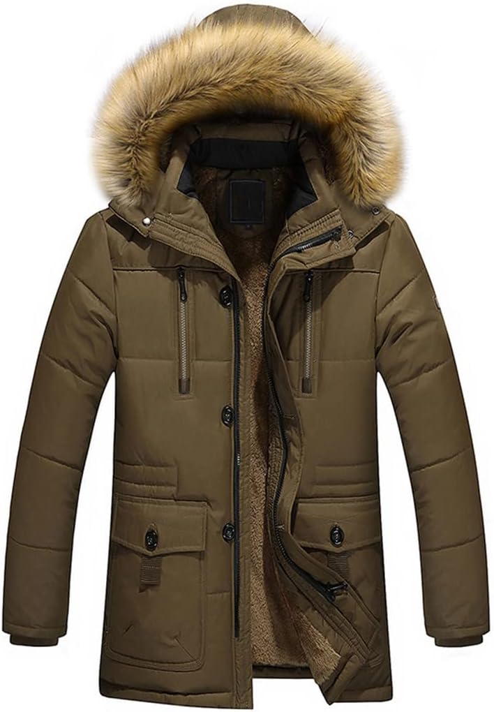 Mens Winter Thick Parka Warm Windproof Coat Solid Hooded Fur Collar Long Overcoat Wool Liner Loose Jacket