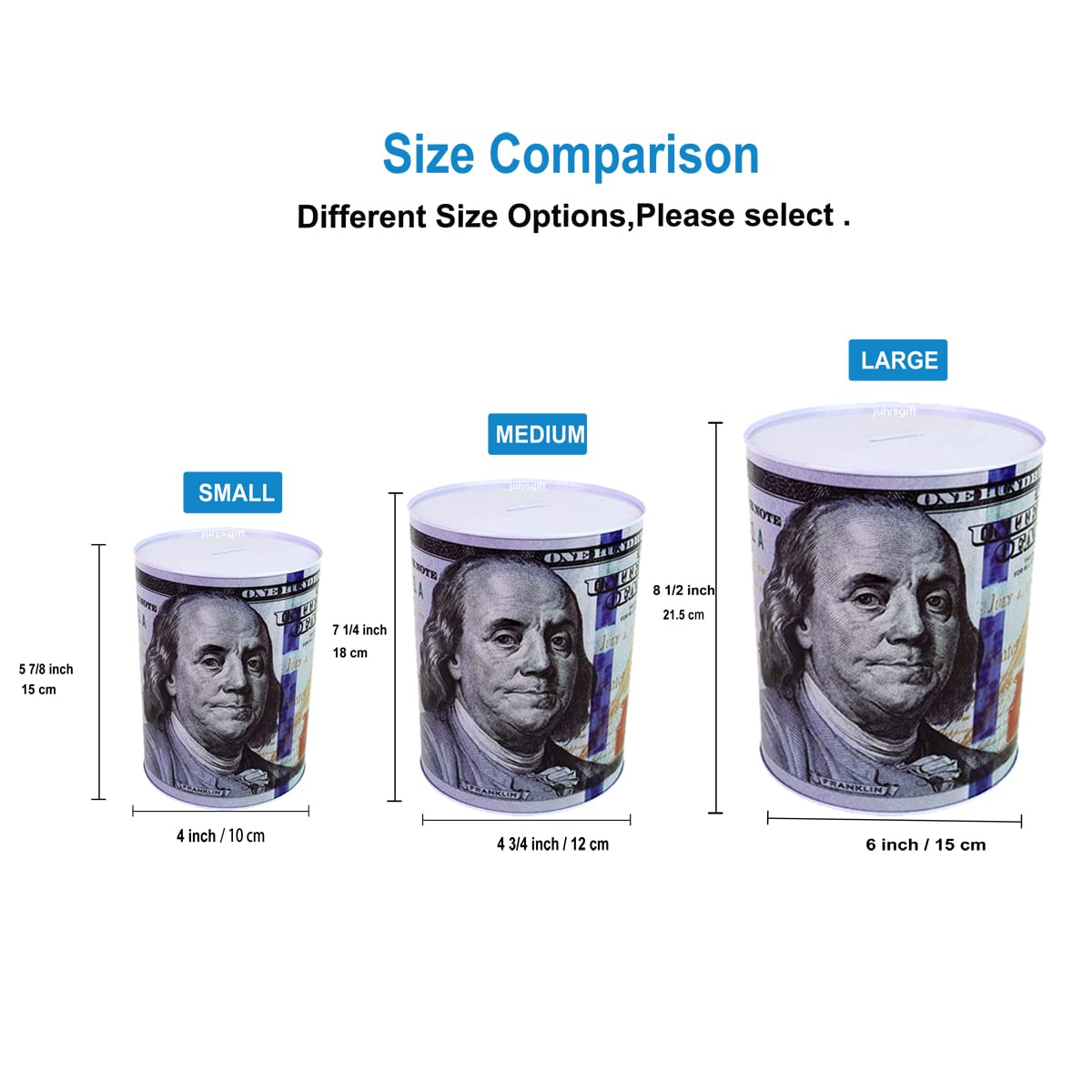 $100 Dollar Bill Piggy Bank 5 7/8 de alto ahorro de dinero moneda Benjamin Franklin lata lata tarro de billetes (1 paquete, 5 7/8 x 4) 3
