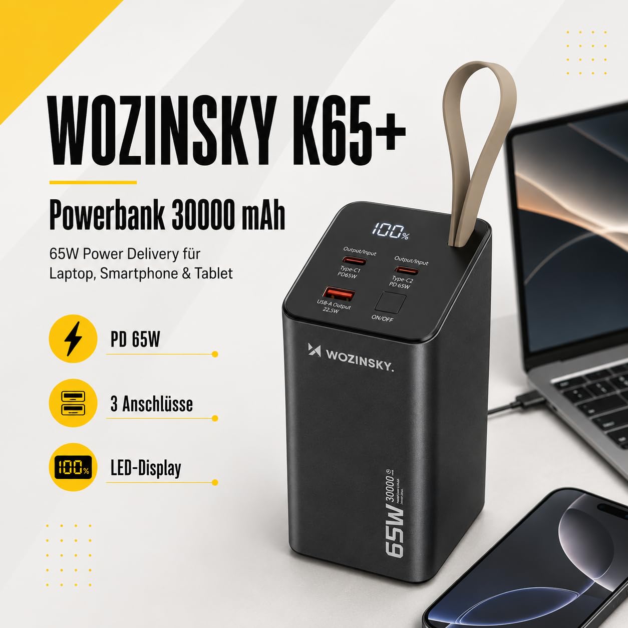 WOZINSKY Externer Akku Power Bank, 30.000 mAh, K65+ 65 W, 2 USB-C-Anschlüsse, 1 USB-A-Anschluss, Schnellladung, Schwarz