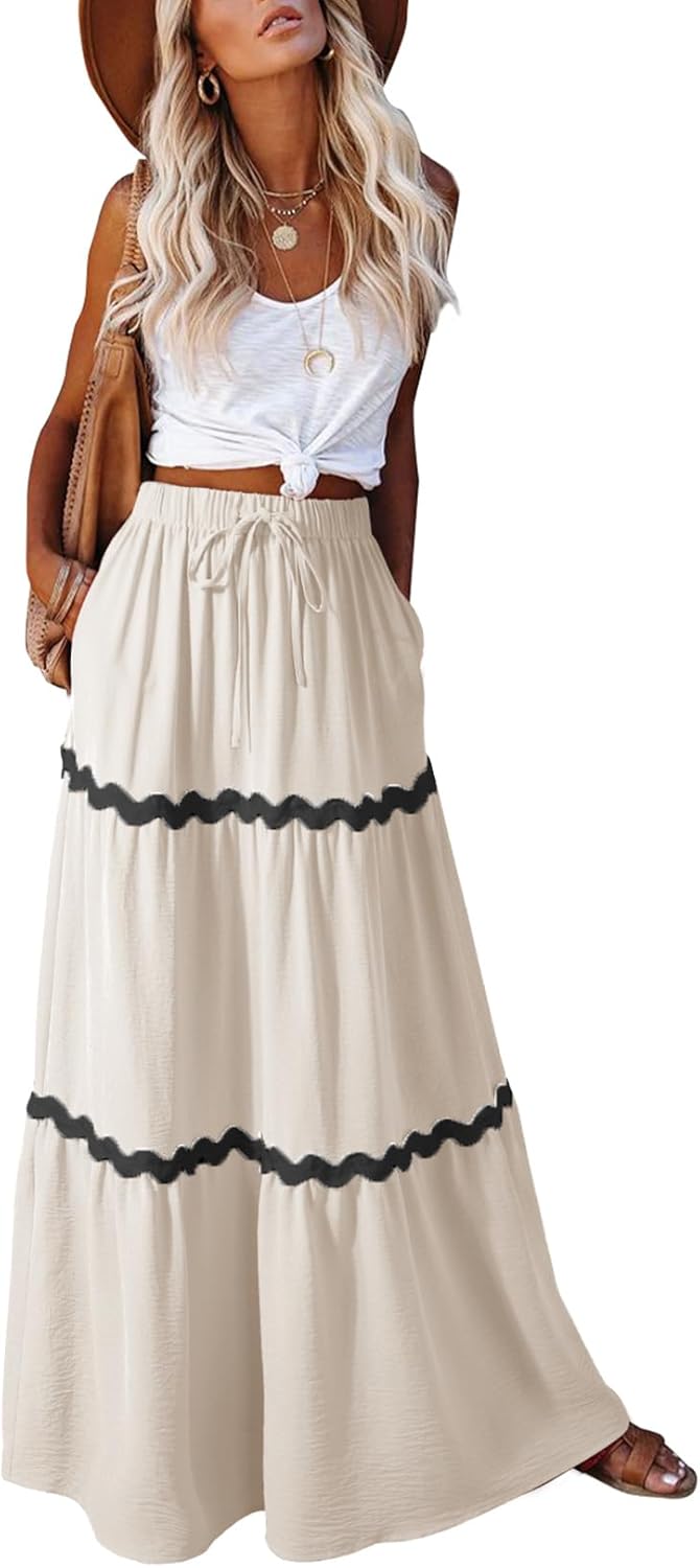 Happy Sailed Womens Boho Maxi Skirts Colorblock Wave Striped Elastic High Waist A Line Flowy Long Skirts with Pockets Happy Sailed Womens Boho Maxi Skirts Colorblock Wave Striped Elastic High Waist A Line Flowy Long Skirts with Pockets