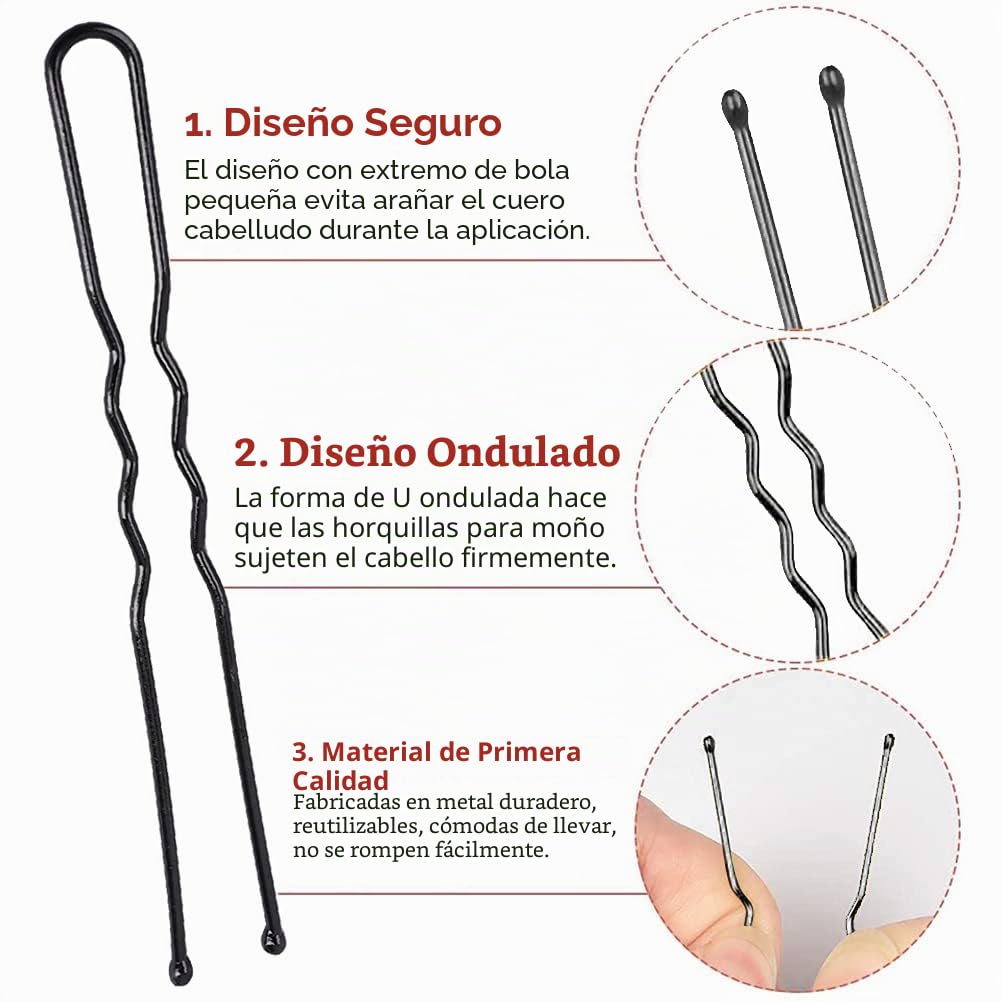 Horquillas para el Pelo 5 cm 6 cm Metal en Forma de U Invisible con Caja de Almacenamiento 200 Piezas Negro Marrón