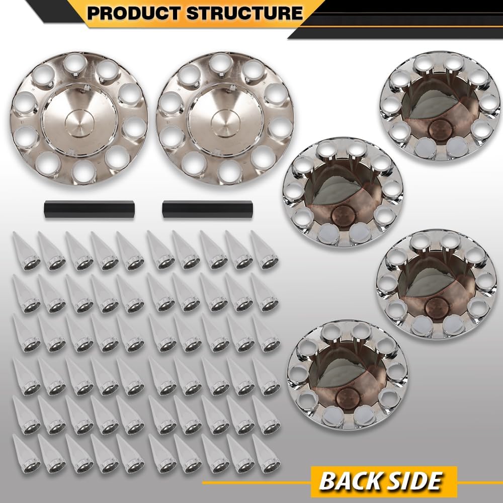 CNNELL Chrome 2 Front & 4 Rear Axle Complete Spiked Wheel Cover Set 33mm Screw-on Lug Nut Covers for Semi-Trucks 20"", 22.5"" and 24.5"" Hub Piloted Wheels, Must Have 3/4"-1" of Thread Sticking Out