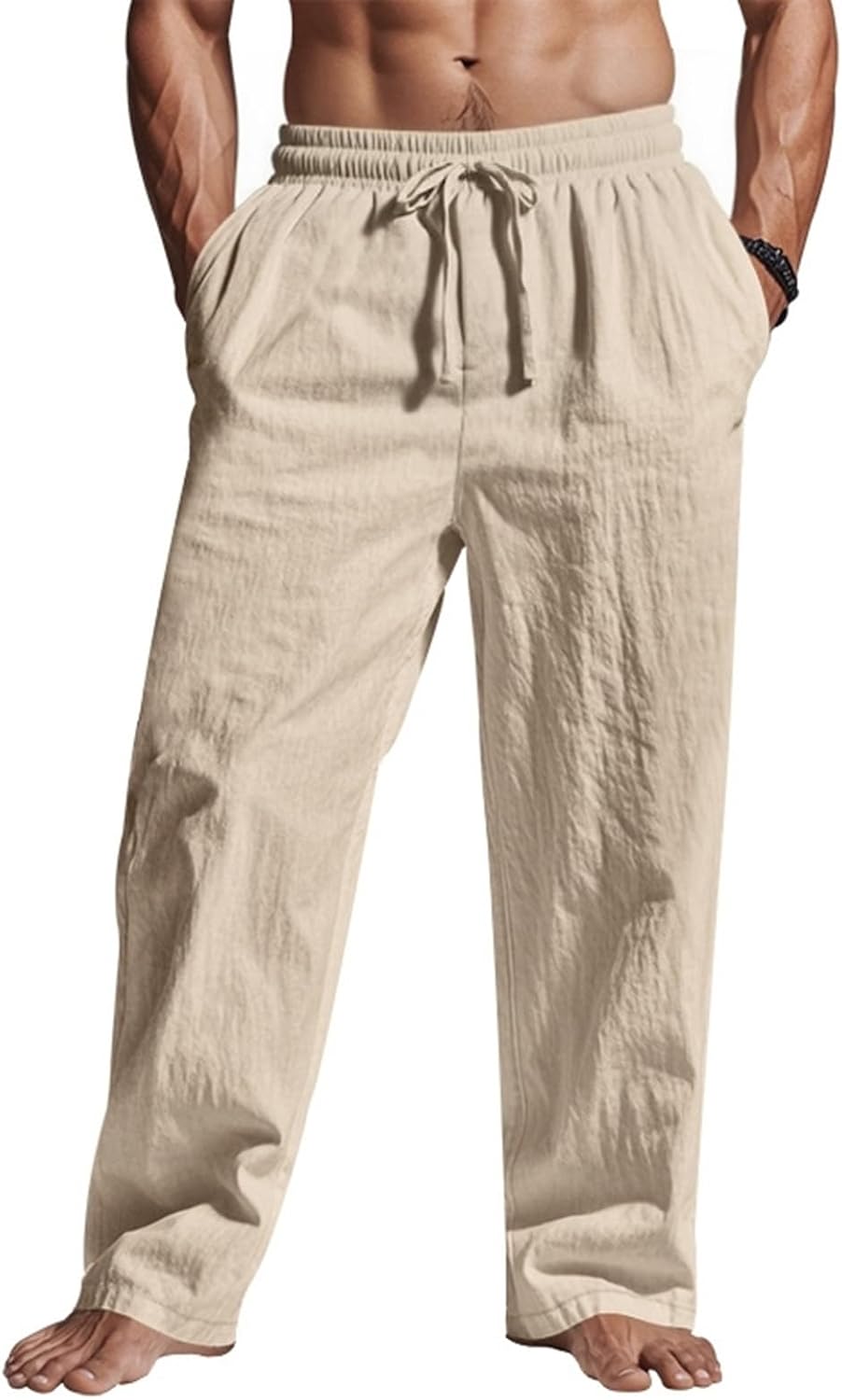 Mens Linen Pants Yoga Beach Loose Fit Casual Summer Elastic Waist Drawstring Baggy Trousers with Pockets