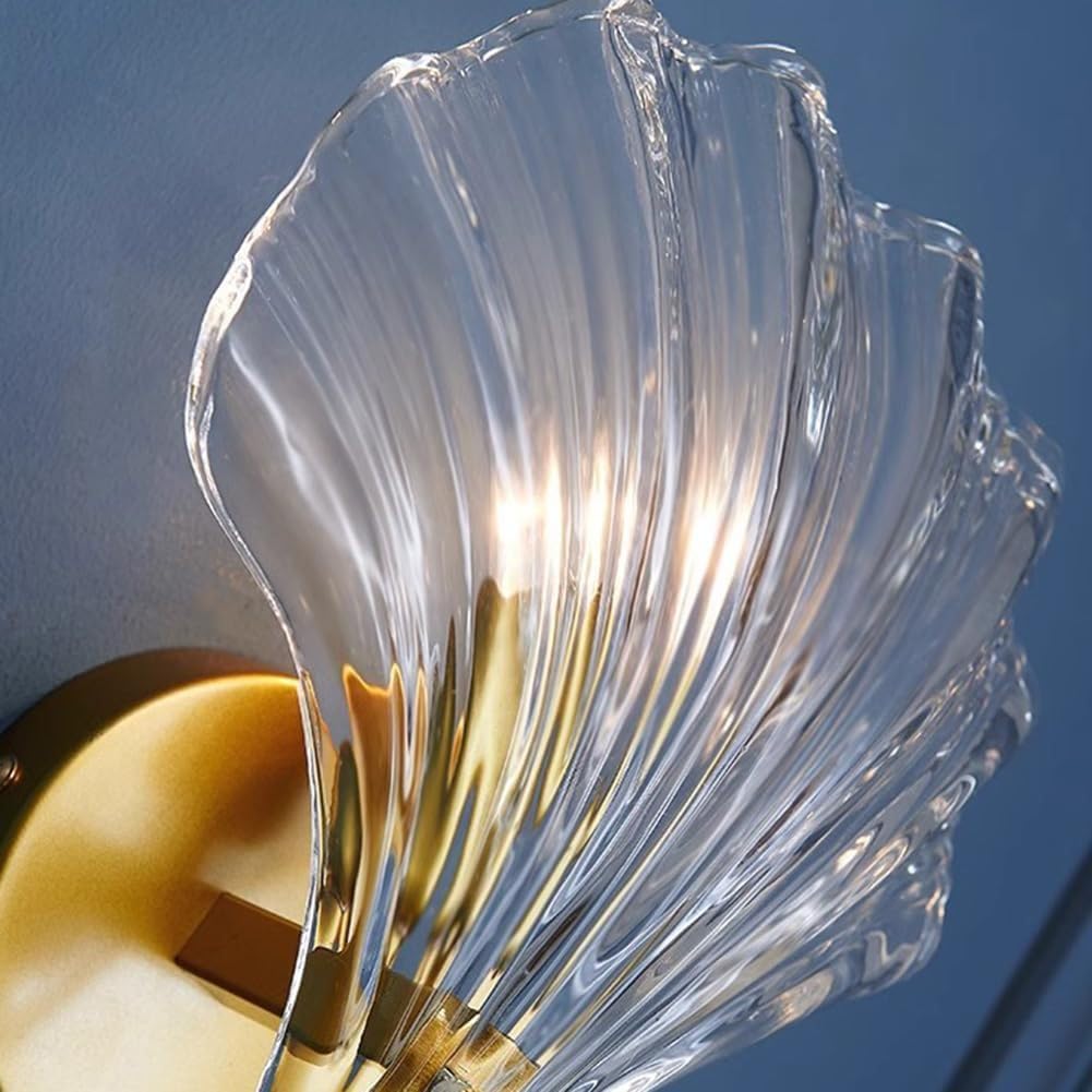 EaEa Lámpara de Pared de Interior E14 Shell Luz de Pared Moderna Aplique de Pared de Metal Cristal Hierro con Pantalla de Vidrio Shell Lámpara de Cabecera de Diseño Dorado para Cocina Isla Dormitorio