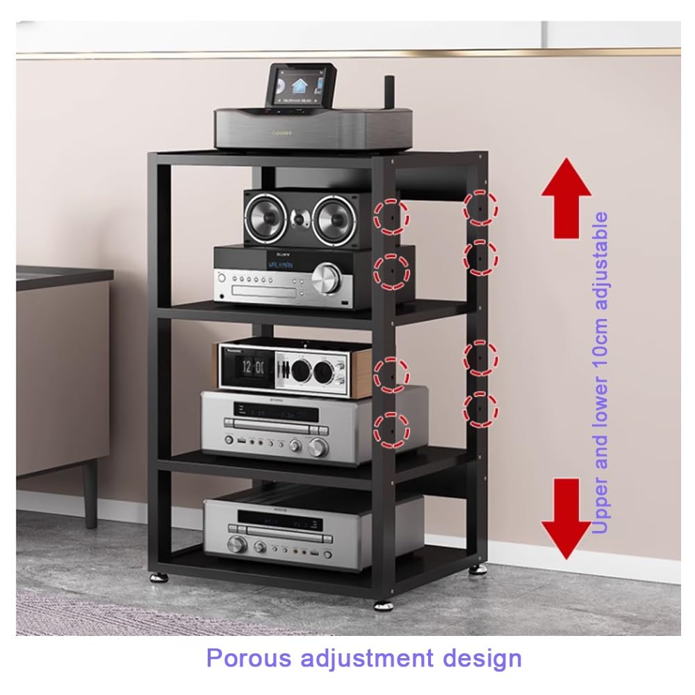 3 4 5 Livelli Mobile Componenti Stereo, HiFi Rack Audio AV Tower Media Stand, Rack Amplificatore Supporto Per Giradischi, Regolabile Mobiletto Portaoggetti, Legno & Metallo(Black,3 Tier-50X40X4