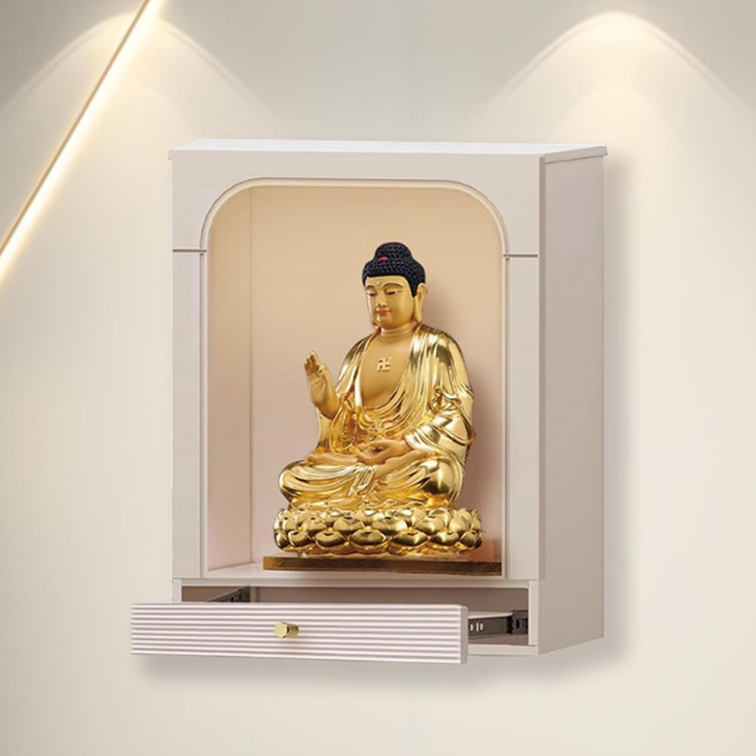 Wall Mounted Solid Wood Shrine Buddhist Altar,God Of Wealth Cabinet With LED Light,Drawer And Storage Shelf,Meditation Table For Home Prayer(B,30cm/11.8in)