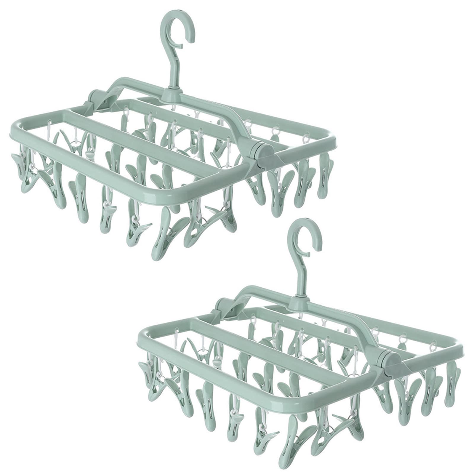 Foldable Clothes Drying Rack with 32Pcs Clips, [2Pack 64 Clips] Laundry Clips Hanger for Socks Underwear, Drying Towels and Baby Clothes (green-plastic)
