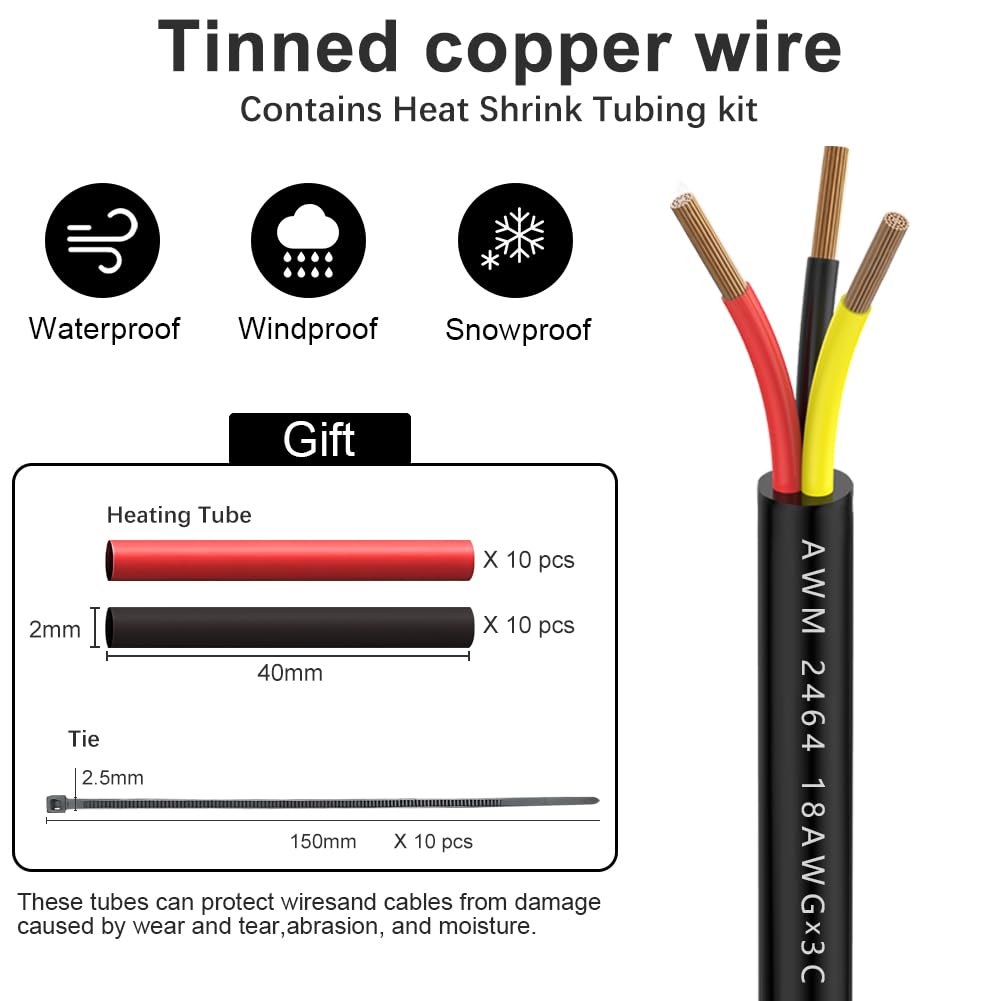 18 Gauge 3 Conductor Electrical Wire 20ft Black 18/3 Extension Cable ，Waterproof for Automotive LED Landscape Lighting