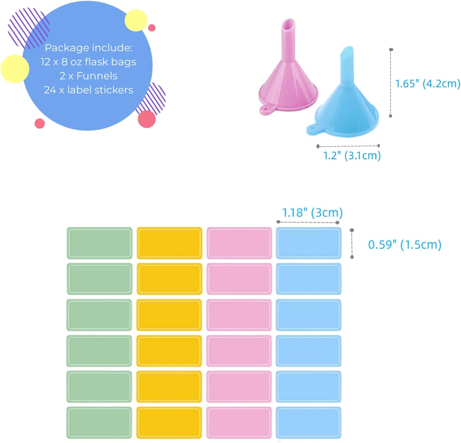 Dawnzen 12 x 8oz Discreet Plastic Flask Kit Liquor Bag to Sneak Booze Disguised Smuggle Alcohol on Cruise For Bringing Wine During Concerts, Outdoor Travel, with 2 Funnels & 24 label stickers