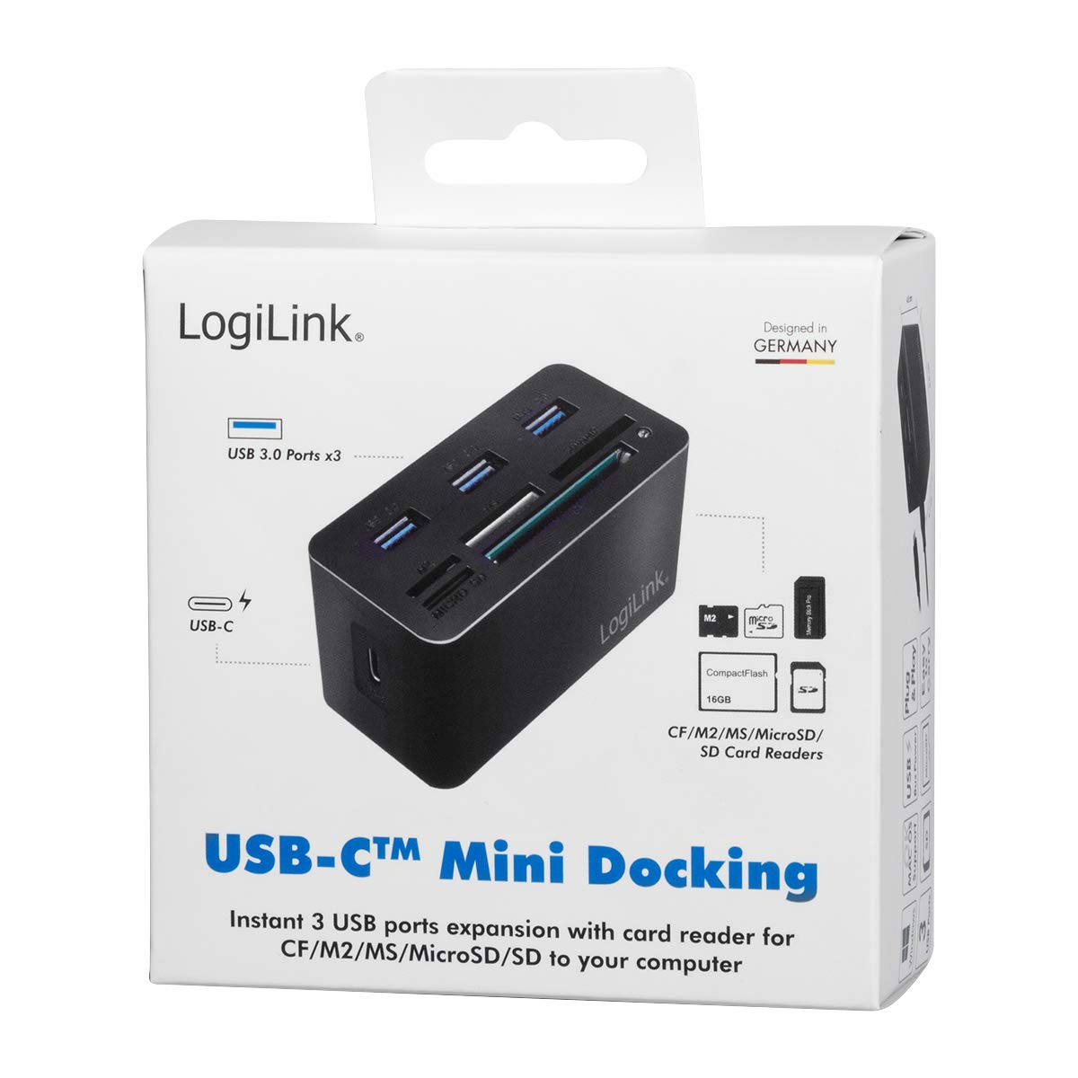 LogiLink CR0046 - Lector de Tarjetas USB 3.2 Gen 1 para Tarjetas MS/SD/M2/microSD/CF y 3 Puertos USB, Color Negro