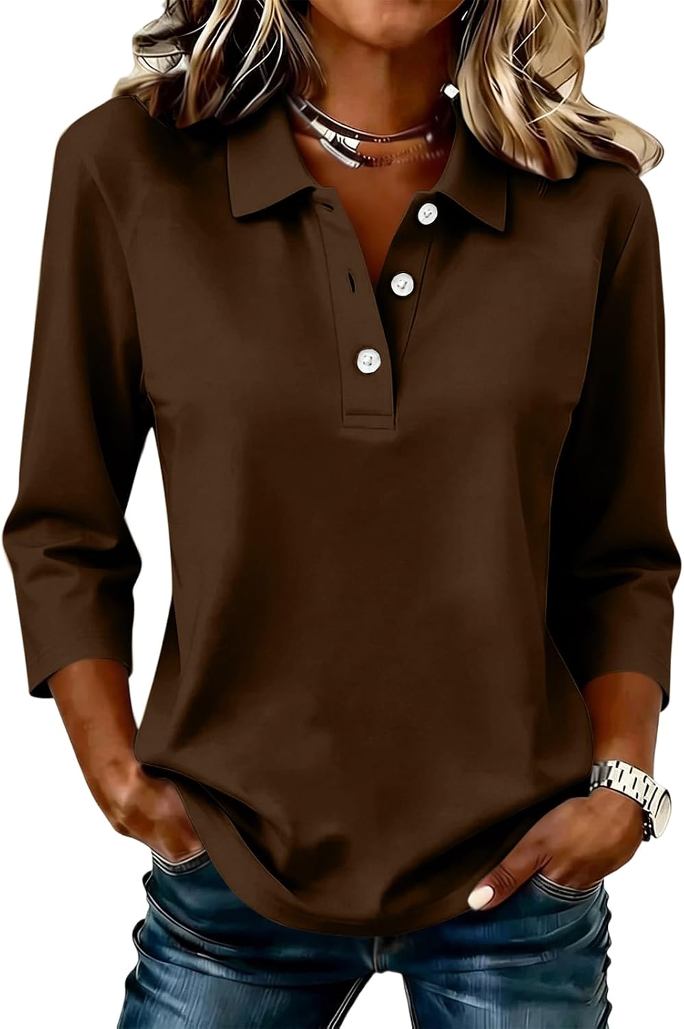 3/4 Sleeve Womens Tops Collared Button Polo Shirts Lightweight Casual Top