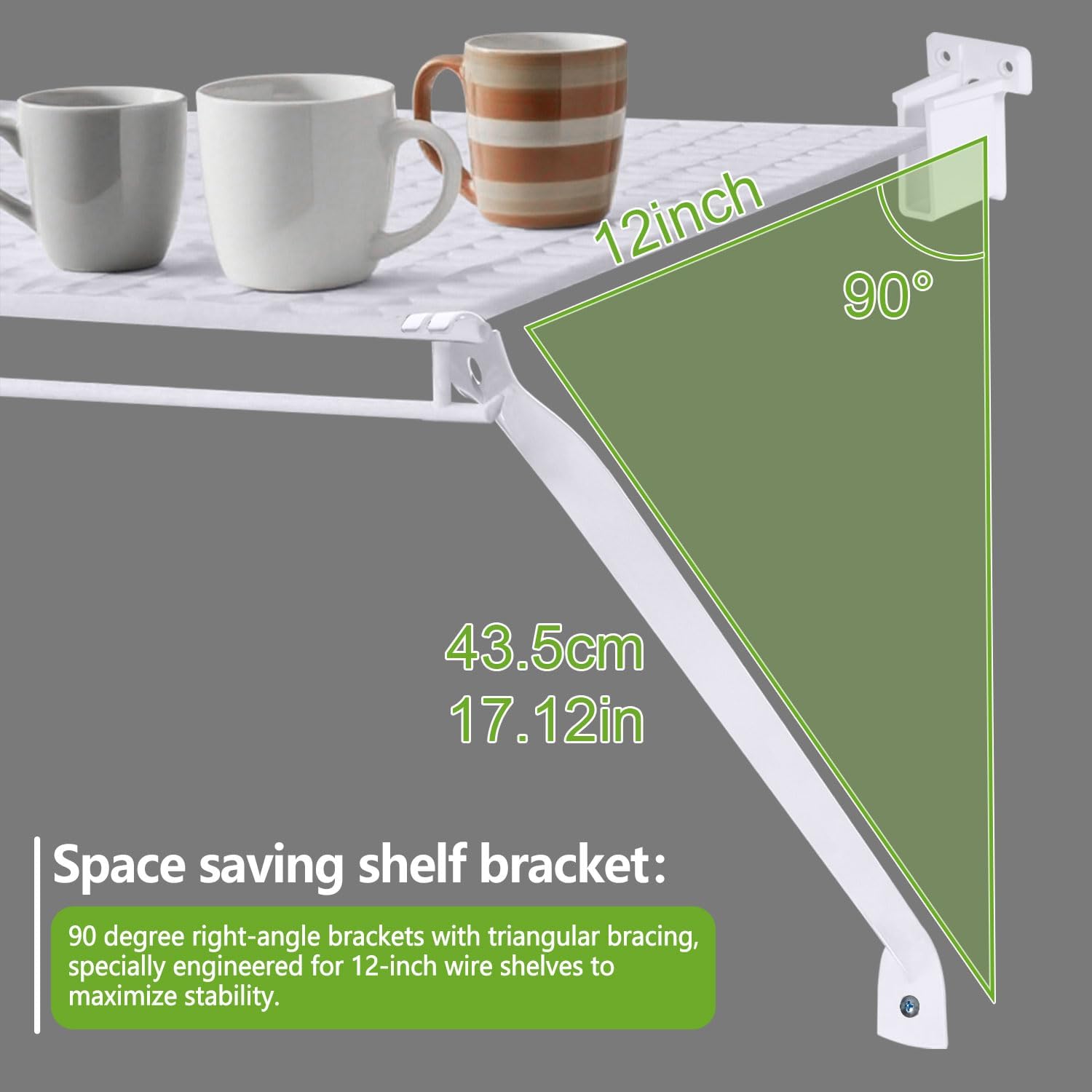 12 Inch Wire Shelf Brackets Set, 3 Pack Metal Shelf Supports + 6 Shelf Clips & 2 End Brackets, Wire Shelving Accessories for Wardrobe and Wall Bracket Installation