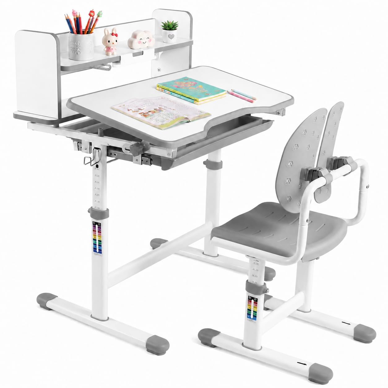 JOYLDIAS Kinderschreibtisch mit Stuhl höhenverstellbar, Kinder Schreibtisch Set mit Bücherregal, geteilter Rückenlehne, neigbarer Tischplatte 0–40°, Schublade und Haken, Grau