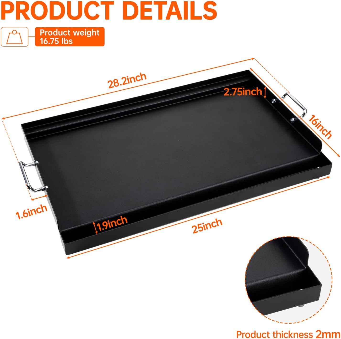 lotfun 25" x 16" carbon steel cooking griddle for outdoor gas grill, universal griddle flat top plate insert with grease groove and removable handles for electric/charcoal/gas grill, camping,party