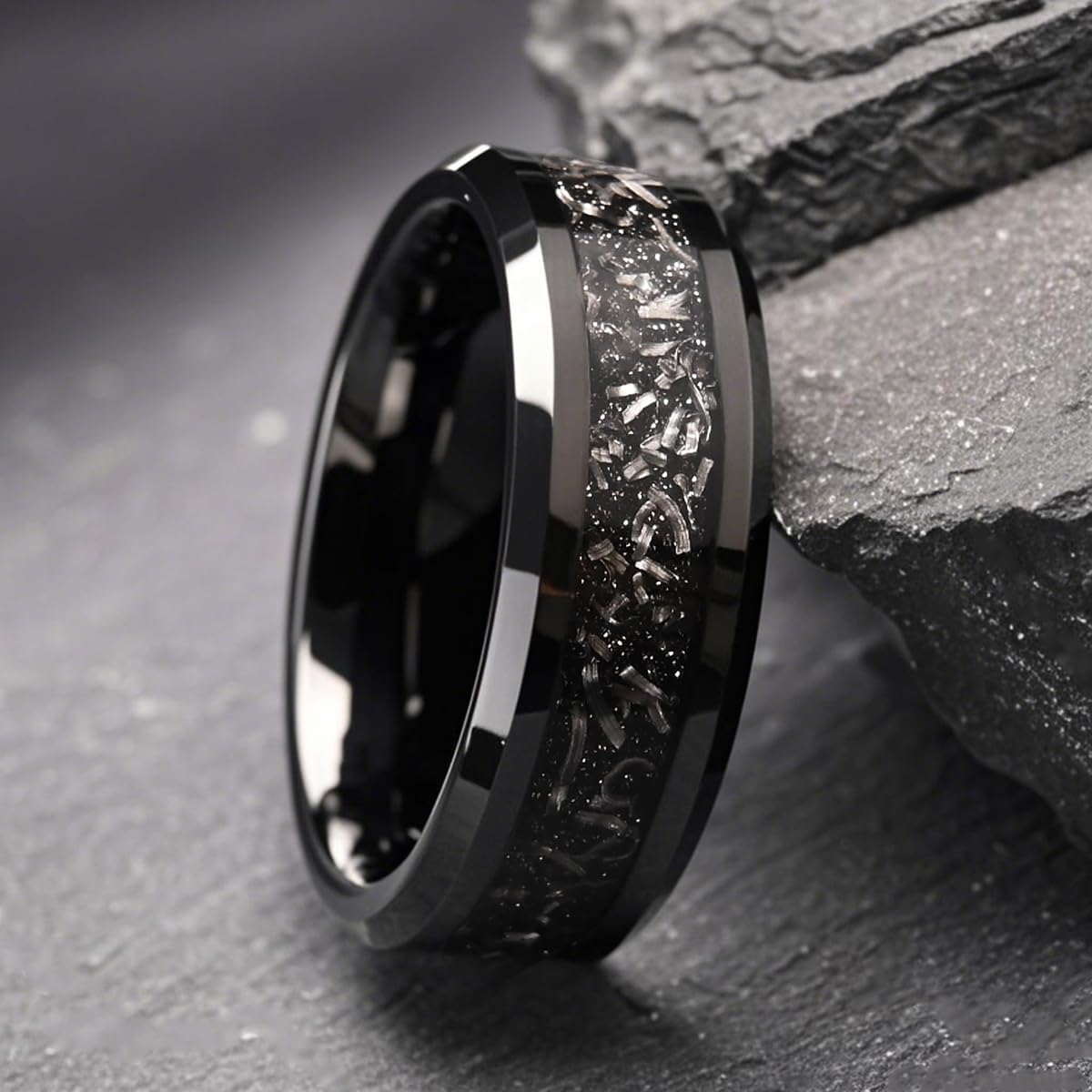 Black Tungsten Carbide Rings for Men and Women 8mm Flat Inlaid Meteorite Fragments Men's Engagement Wedding Bands High Polished Comfortable Wear - Image 2