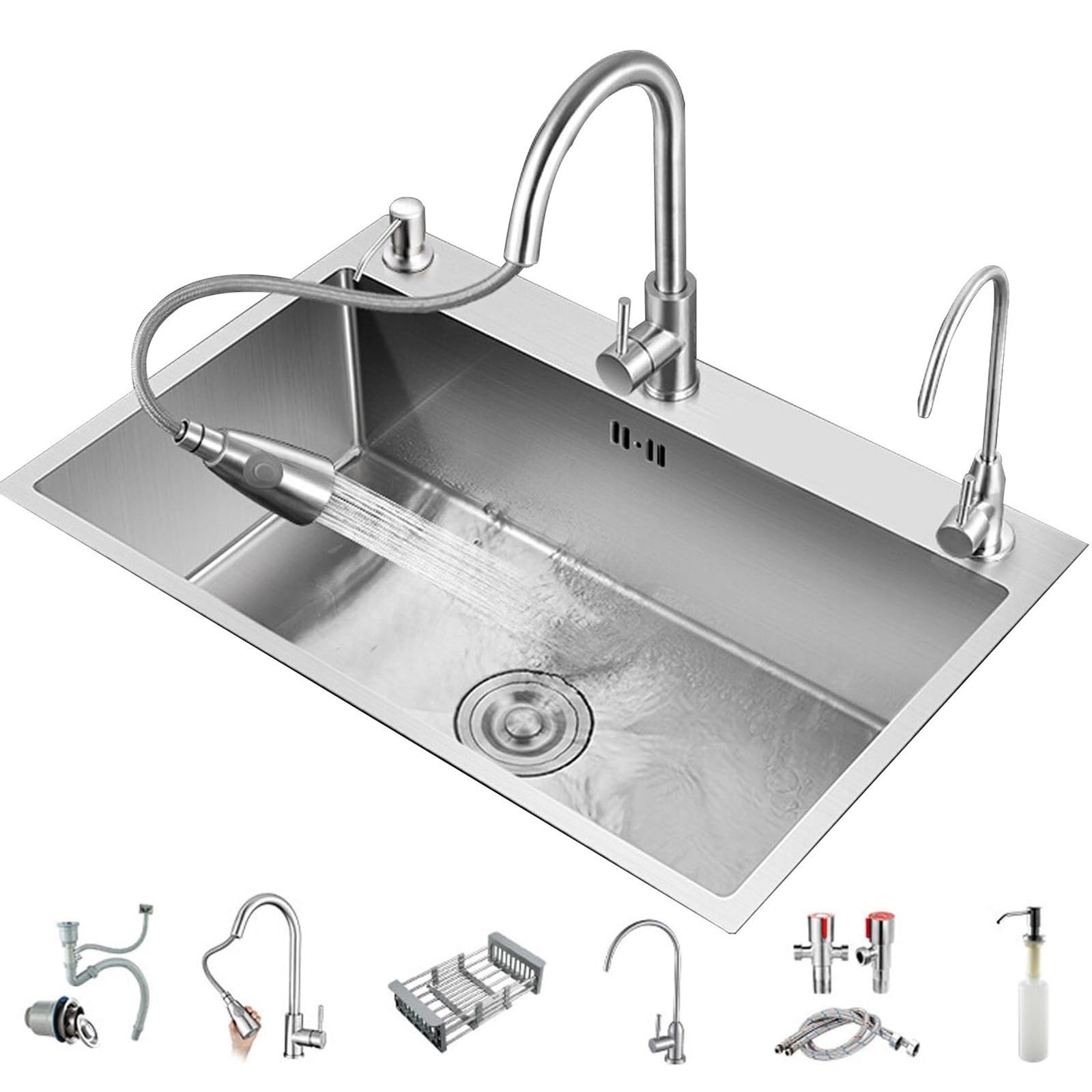 ZQFHSX Stainless Steel Kitchen Sink with Soap Dispenser Commercial Grade PullDown Faucet Telescopic Drain Basket Perfect for Workshop Outdoor Restaurant Use