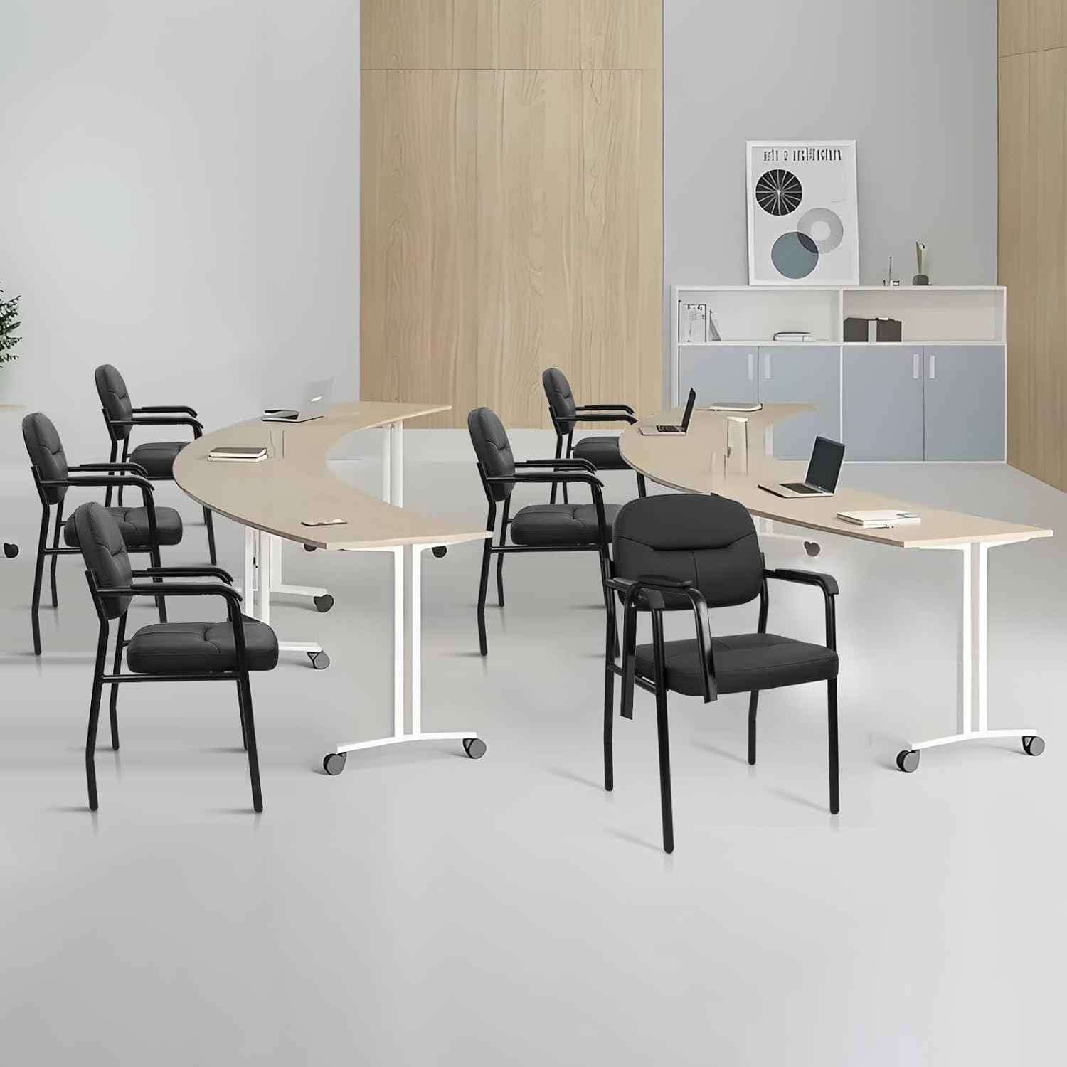 CLATINA Guest Reception Chair, Leather Office Waiting Room Chair with Arms and Padded Seat, Stationary Desk Chair No Wheels for Lobby Conference Room Home Study Medical Clinic, Black, 2pk