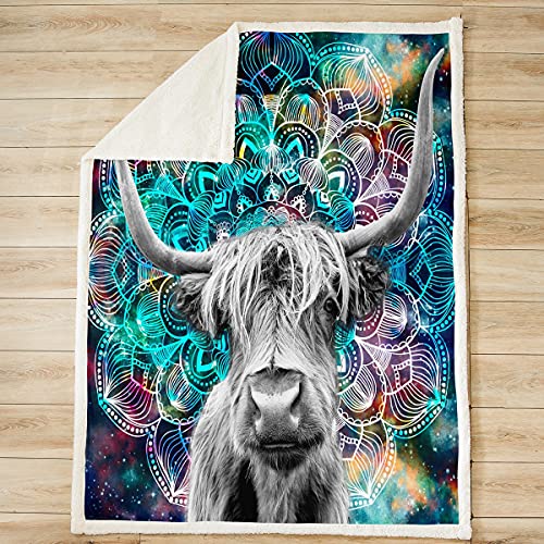 Highland Cow Throw Blanket Boho Mandala Plush Blanket For Kids Adults Galaxy Bohemian Floraled Sherpa Blanket Exotic Style Fuzzy Blanket For Sofa Bed,Chic King 87X94 Inch #TOP1