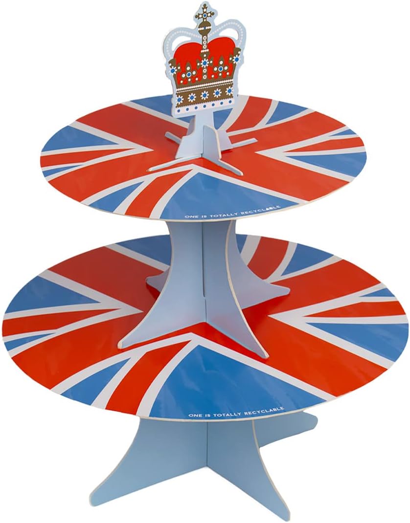 Coronation Table Decorations | Disposable 2 Tier Paper Reversible Cake Stand | Includes British Union Jack Flag & Crown Cakestand Topper | Party Supplies Royal Table Decorations- Height 30cm