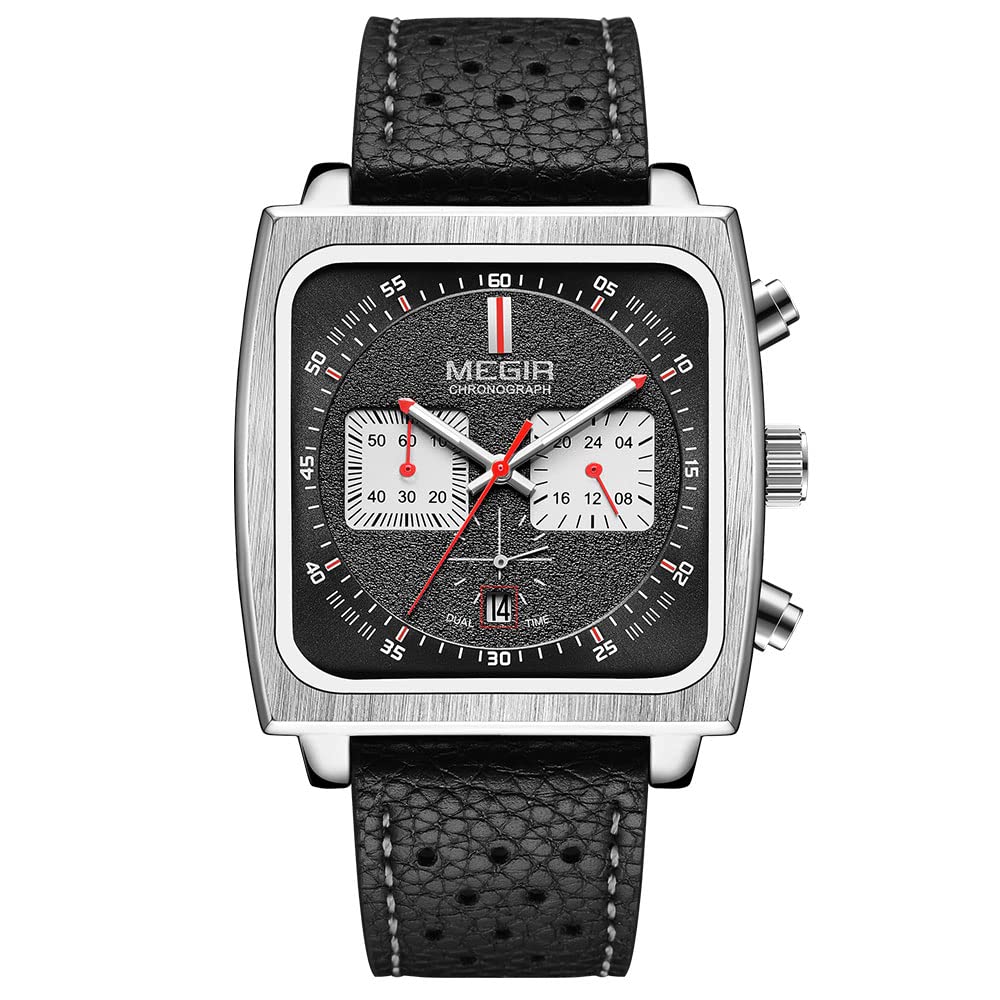 MEGIR Square Dial Chronograph Quartz Watches for Men Fashion Leather Strap Casual Sport Wristwatch with Date 24-Hour 2182 (B0BQWC8DNM) Amazon Price History, Amazon Price Tracker