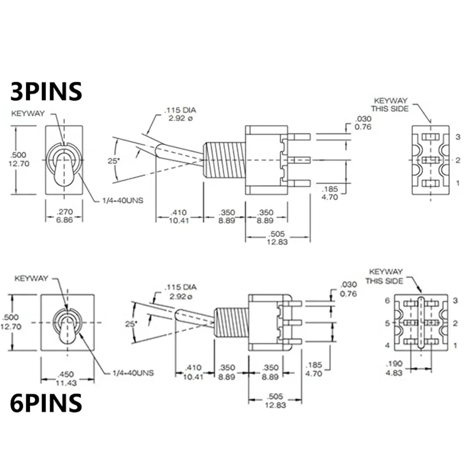 6mm Toggle Switch Red 3Pin 6Pin MTS-102/103202/203 Rocker 2A/250V 5A/120V 10Pcs(6Pin ON-Off-ON)
