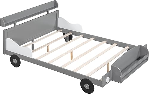 Miniatura 24 de Cama individual de automóvil para niños pequeños con estantes de almacenamiento, marco de cama baja de madera para niños, color blanco