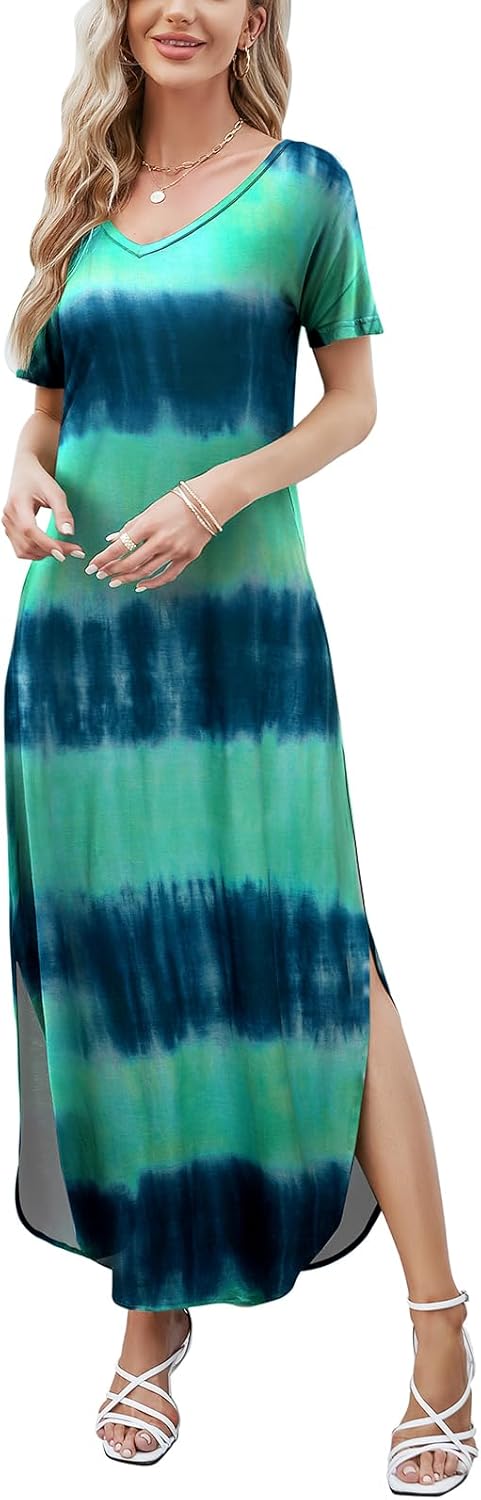 HUSKARY Women's Summer Maxi Dress Casual Loose Pockets Long Dress Short Sleeve Split Maxi Dresses - Image 3