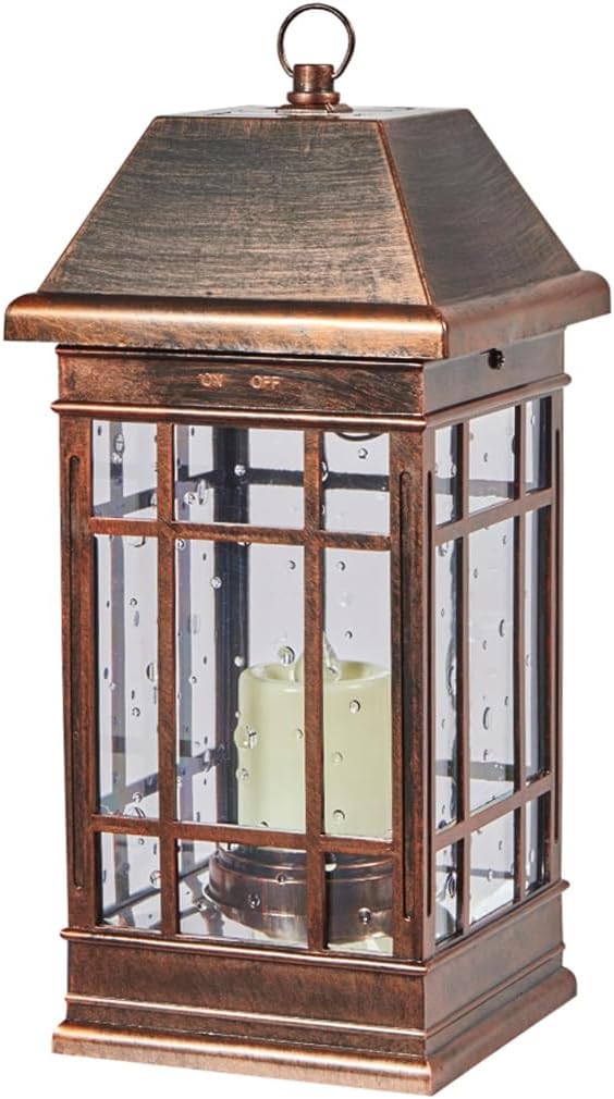 3960KR1 San Rafael II Solar Mission Lantern Illuminated by 2 High Performance Warm White LEDs In The Top and One Amber LED in the Pillar Candle