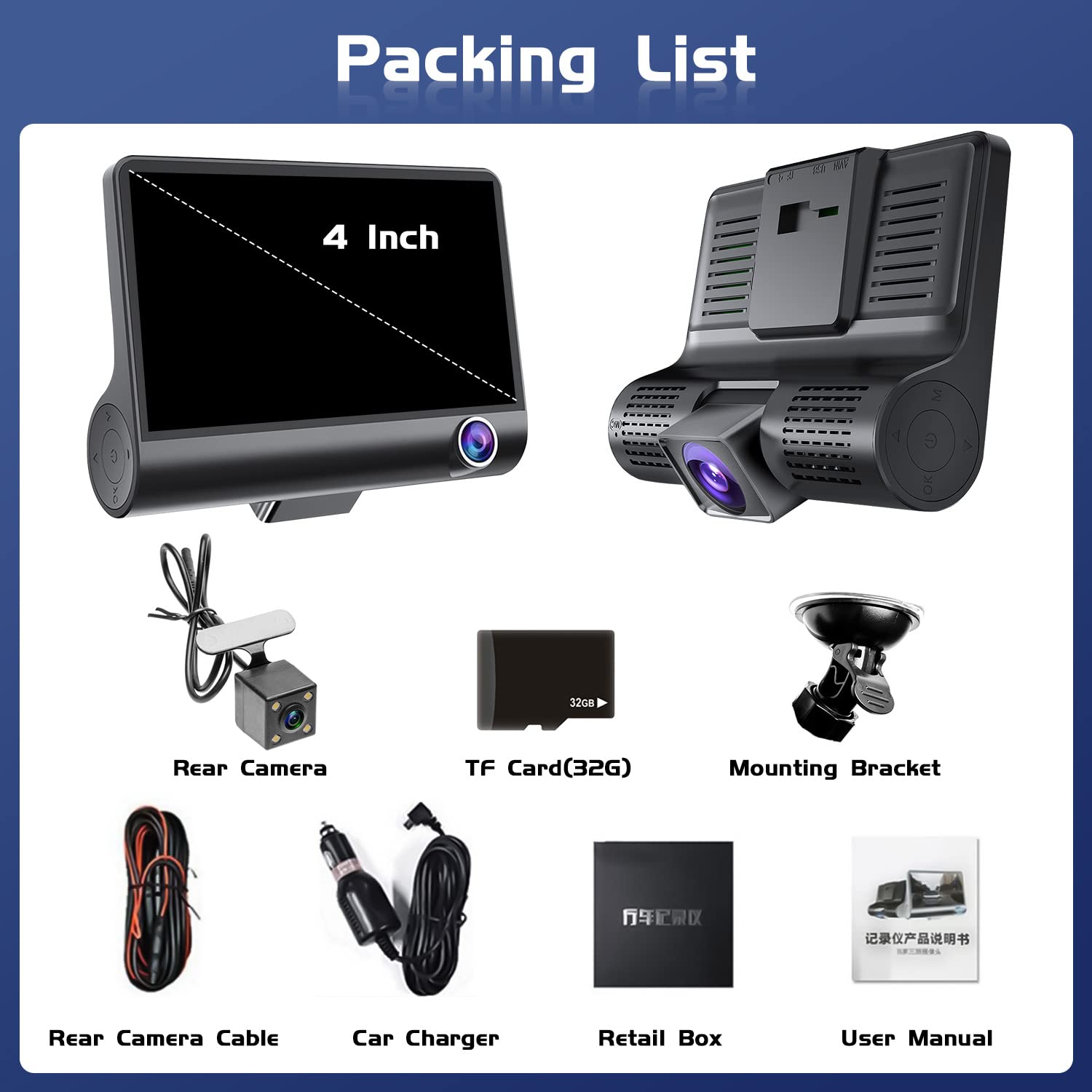 Hikity USB Dash Camera DVR 3 Cameras Lens 4'' Car Dash Camera Dual Lens | Dash CAM 1080P Grabación en Bucle Sensor G Monitor de Aparcamiento 170° Gran Angular Motion Sensor Tarjeta SD USB