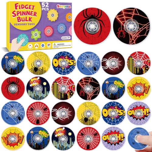 Sauyoza 52 Pcs Fidget Spinners Bulk for Kids, Spider Web Hero Theme Party Favors, 1.57" Mini Fidget Toys for Goodie Bag Stuffers, Classroom Prizes, Sensory Toys for Boys Girls Birthday Gift