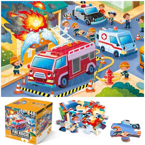 Image of Jumbo Floor Puzzle for Kids,Fire Rescue Jigsaw Large Puzzles,48 Piece Firefighter Fireman Fire Truck Puzzle for Toddler Ages 3-5,Children Learning Preschool Educational Toys,Gift for 4-8 Years Old
