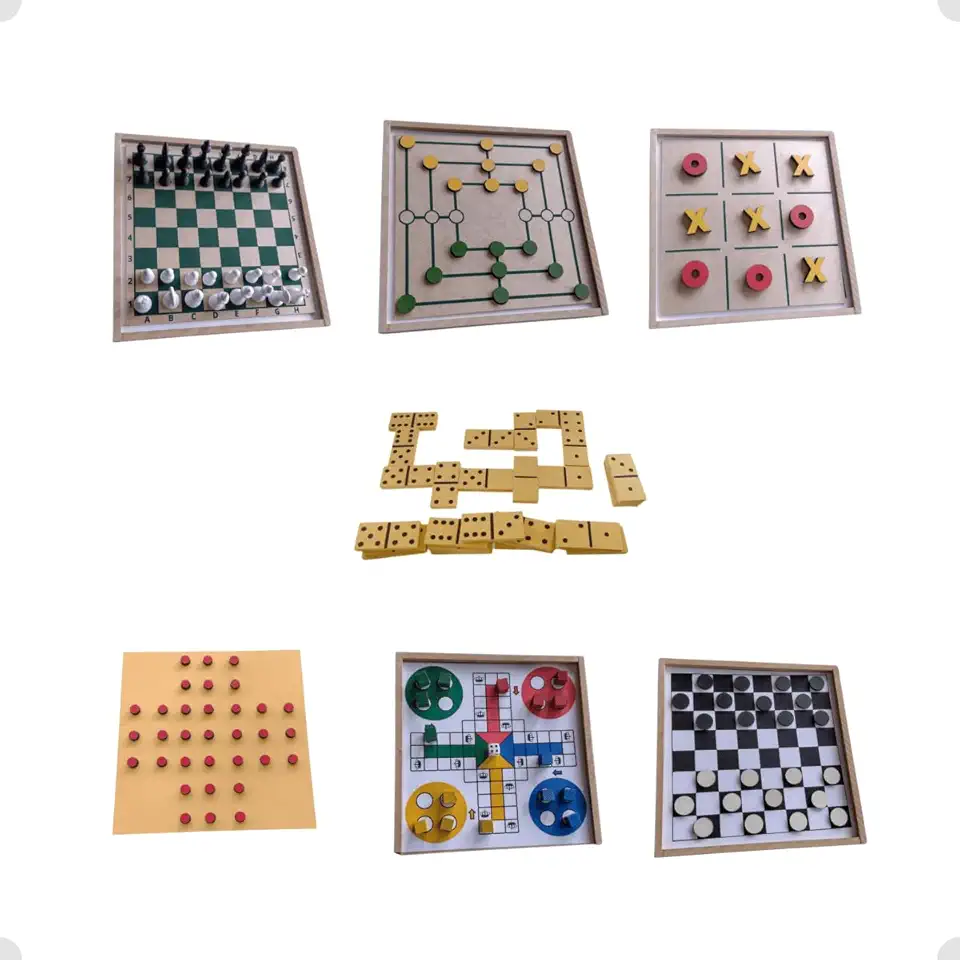 Jogos de Tabuleiro Clássicos 7 em 1 Xadrez Damas Ludo Jogo Da Velha Dominó Trilha Resta Um (7 Jogos em 1 caixa)