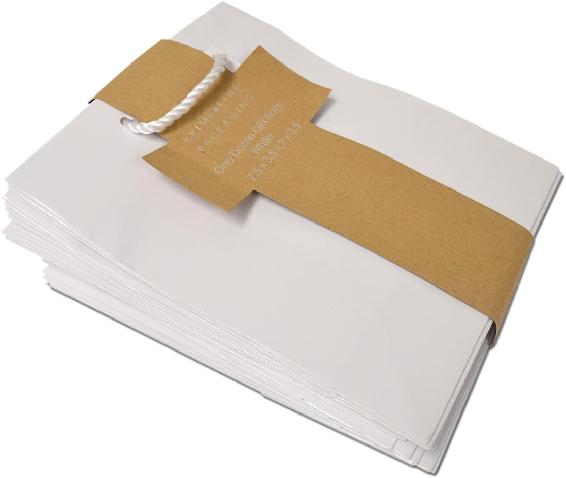Buy 2 get 3 Wedding Gift Bags - 12 Pack Medium White Designer Paper Shopping Bags with Handles, Gift Wrap Euro Totes for Birthdays, Party Favors, Baby Showers, Bachelorette Parties, Holidays Bulk - 7.5x3.5x9