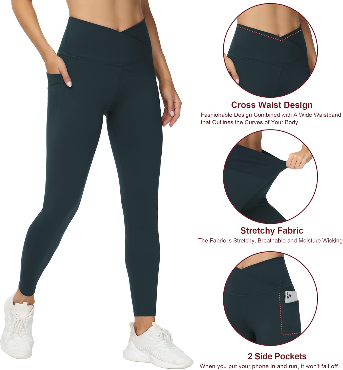 THE GYM PEOPLE Women's V Cross Waist Workout Leggings Tummy Control Running Yoga Pants with Pockets - Image 4
