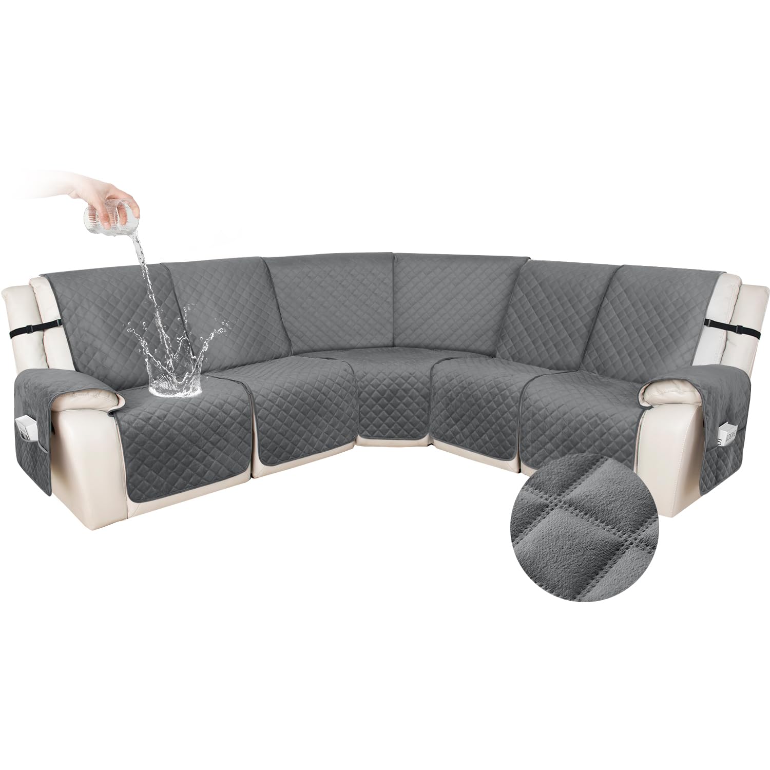 HDCAXKJ 100% Waterproof L-Shaped 5-Seat Recliner Sectional Couch Cover, Washable Non-Slip Velvet with Pockets, Dark Gray