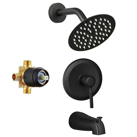 Tub Shower Faucet Set Valve Included with 6-Inch Rain Shower Head and Tub Spout Single-Handle Tub and Shower Trim Kit Matte Black