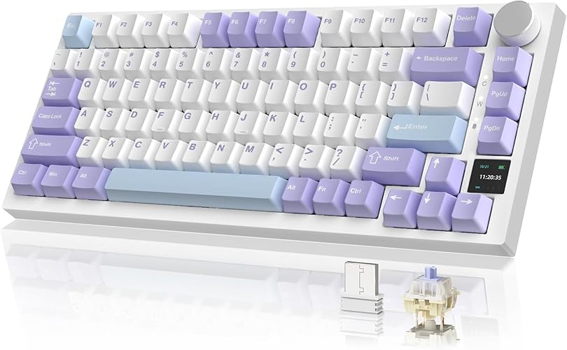 AJAZZ AK820PRO Wireless Mechanical Keyboard,2.4G/BT5.0/USB-C Gaming Keyboard 75% Layout 81 Keys with TFT Color Display&CNC Knob,RGB Backlight Hot-Swap,PBT Keycap,4000mAh Battery-Purple（Linear Switch） - Gift Switch - White