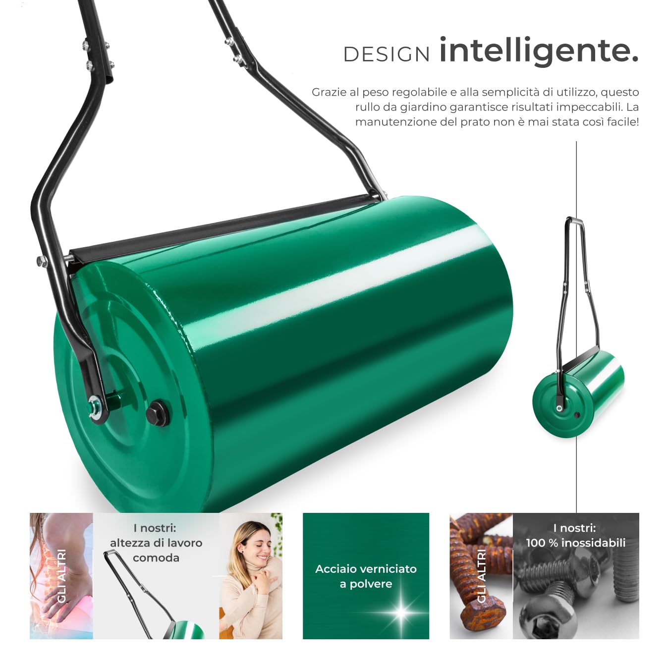 tectake® Rullo Giardino 60 cm in Metallo, Capacità 50 l, Ø 31 cm, Peso Max. 60 Kg, con Raschietto Anti Residui, Attrezzo per Prato e Aiuola, Compressore Giardino, Facile da Riempire con Sabbia o Acqua