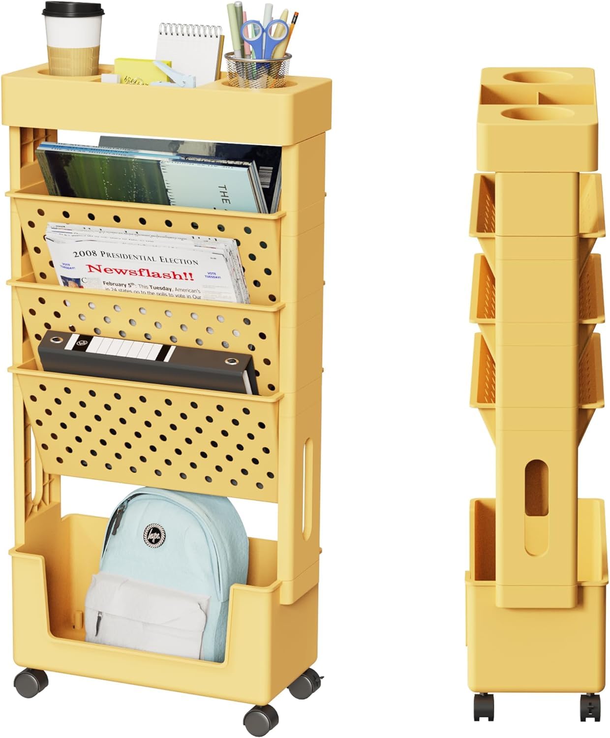 LUCKY-D 5 Tier Rolling Book Cart, Mobile Book Shelves with Wheels, File Folder, Magazine Storage with Pen Holder, Slim Cart for Teachers (1, Yellow)