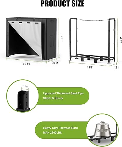 Miniatura 6 de Brightown Estante de leña para exteriores con cubierta, estante de madera de 8 pies para leña en interiores, soporte de madera impermeable en el