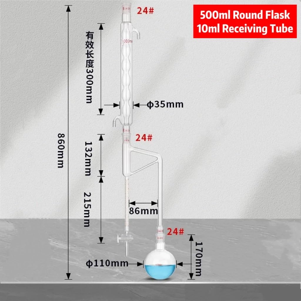 1 szt. 500 ml tester lotnych olejów ciężkich – szkło borokrzemianowe ze złączem 24/29 i zaworem przełączającym do analizy olejków eterycznych(Scale 10ml)