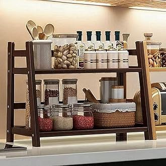 Kitchen Table Spice Rack, Household 2 Tier Mug Storage, Cabinet Coffee Cup, Mug Asphalt Shelf, Simple Bamboo Flower Holder Bookcase (Brown (Style-B), Large)