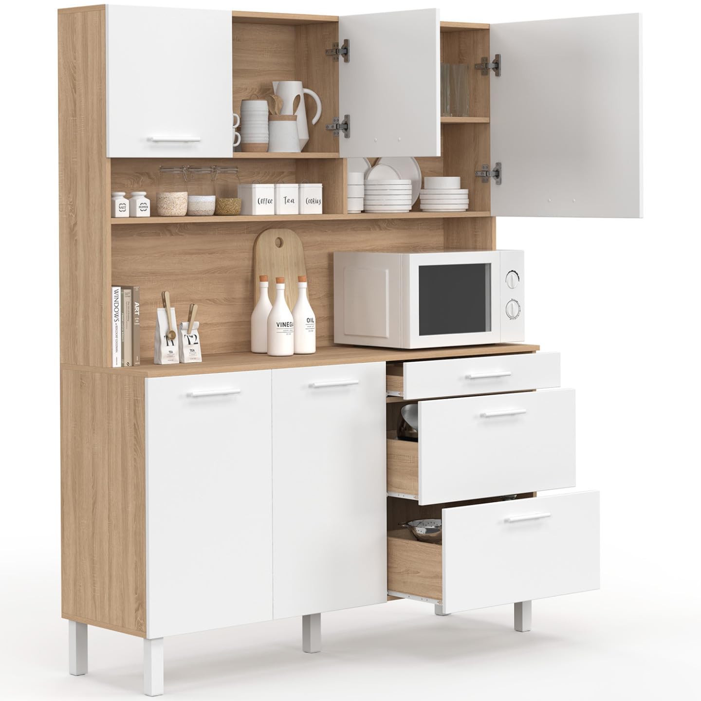 IDMarket - Küchenbuffet 140 cm CINA 5 Türen + 3 Schubladen in Buchenholzoptik und Weiß