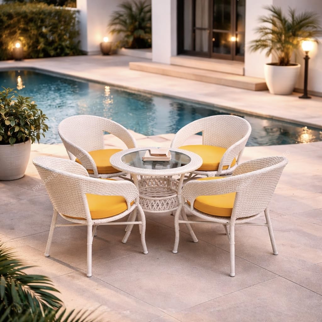Lotey Outdoor D-12 Chairs Table Set 4+1 Wicker Patio Furniture Sets 4 Chair and 1 Table with Cushions for Garden Balcony Bedroom Powder Coated Frame Uv Protected Wicker (Cream +Yellow)-picture-21