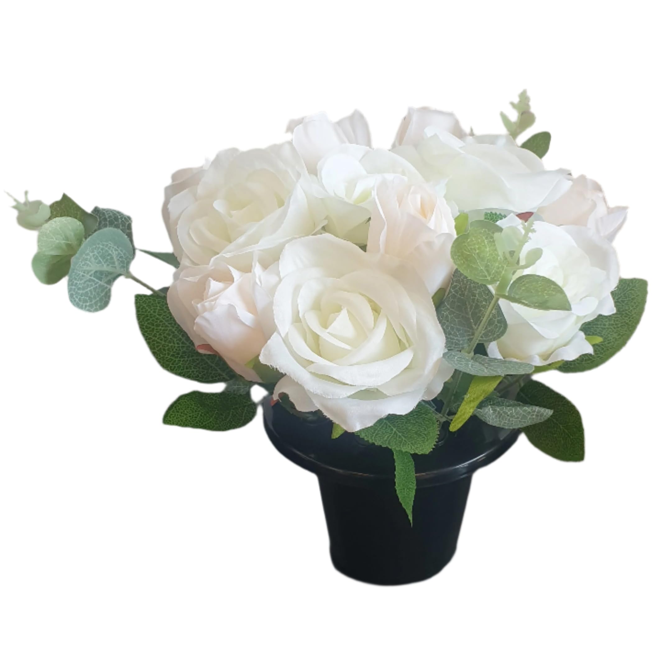 Homestreet Artificial Cemetery or Grave Pots, Rose Arrangements in Pots, 25cm Height, 12 Roses with Eucalyptus, Multiple Colour Options (White)