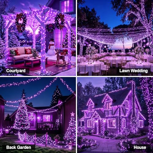 Solar String Lights 2 Pack Total 66FT 200LED Solar Fairy Lights Outdoor Waterproof 8 Lighting Modes Twinkle Lights for Patio, Garden Yard Party Wedding Tree Christmas Halloween Decoration, Purple - image 6